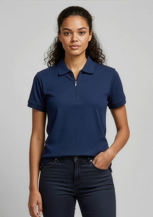 Womens Micro Waffle Short Sleeve Polo - Navy