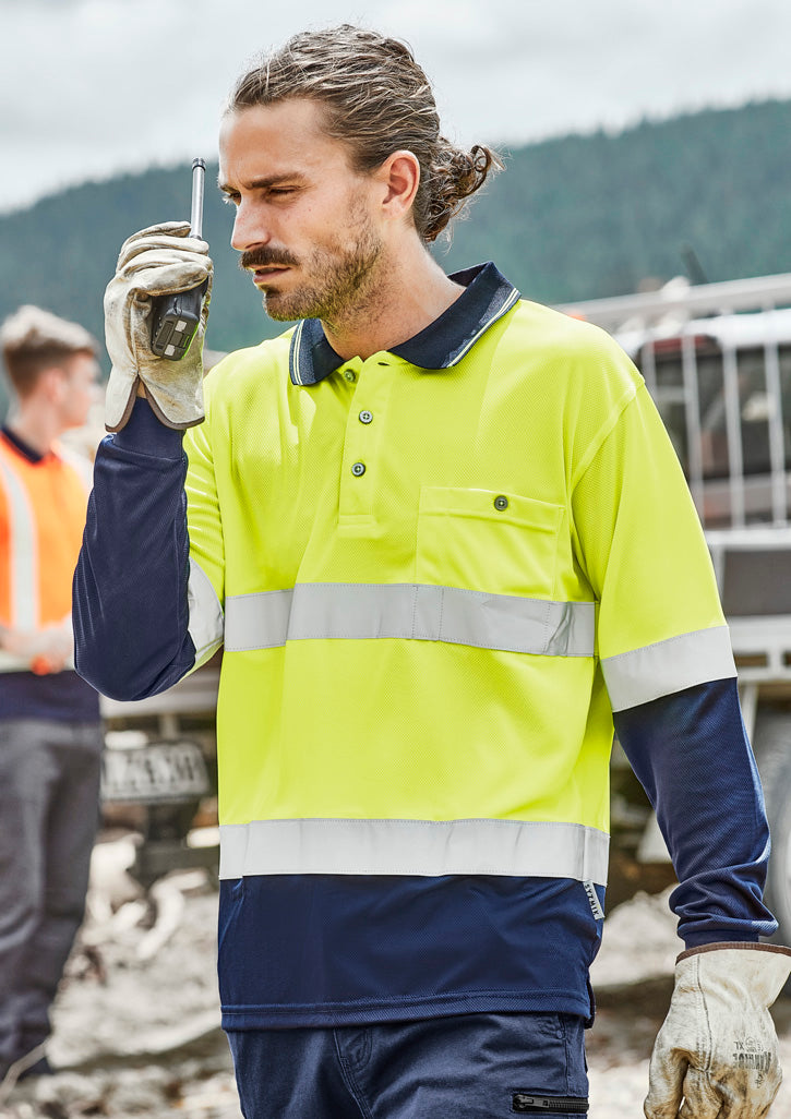 Mens Hi Vis Spliced Long Sleeve Polo - Hoop Taped - Yellow/Navy