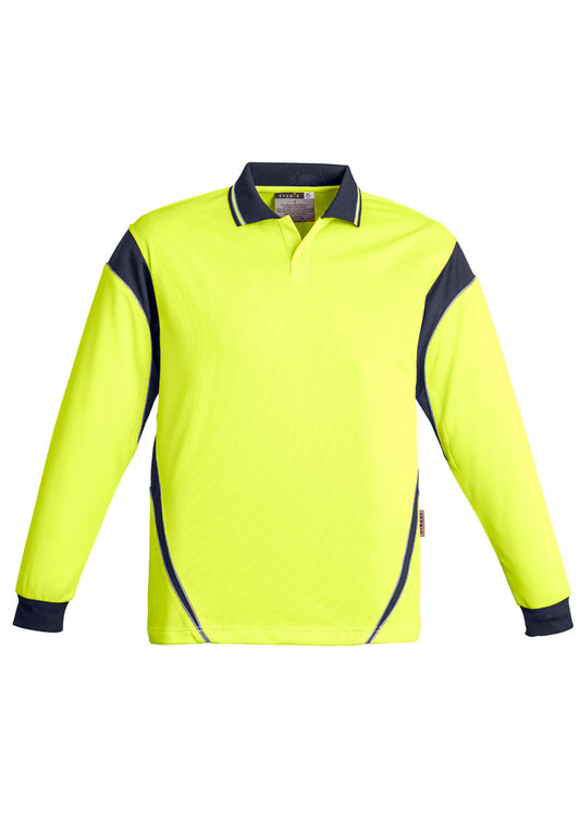 Mens Hi Vis Aztec Long Sleeve Polo - Yellow/Navy
