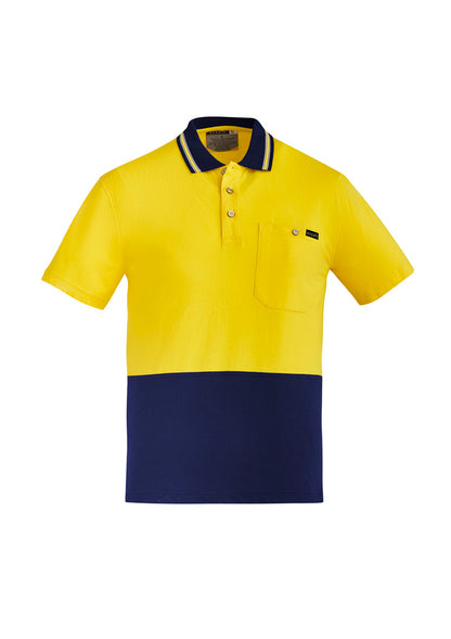 Mens Hi Vis Cotton Short Sleeve Polo - Yellow/Navy