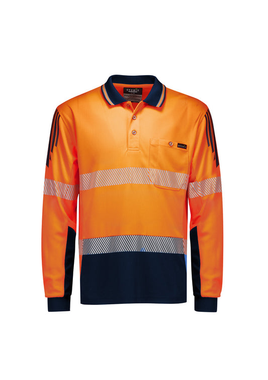Mens Hi Vis Flux Segmented Tape Long Sleeve Polo - Orange/Navy