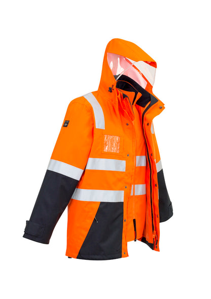 Mens Hi Vis 4 In 1 Waterproof Jacket - Orange/Navy