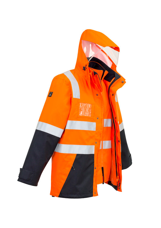 Mens Hi Vis 4 In 1 Waterproof Jacket - Orange/Navy