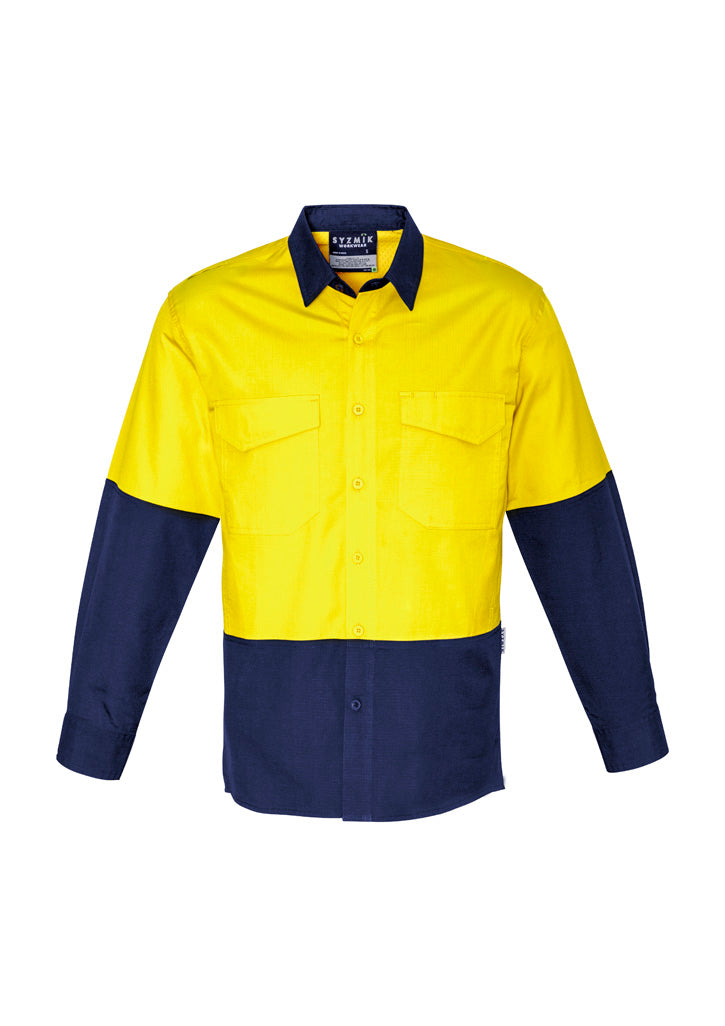 Mens Rugged Cooling Hi Vis Long Sleeve Shirt - Yellow/Navy