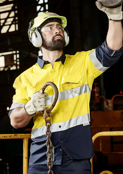 Mens Rugged Cooling Hi Vis Taped Long Sleeve Shirt - Yellow/Navy