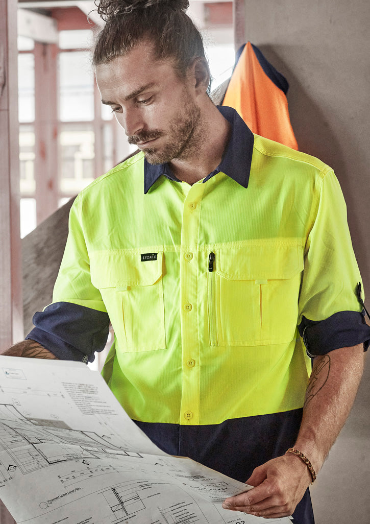 Mens Hi Vis Outdoor Long Sleeve Shirt - Yellow/Navy
