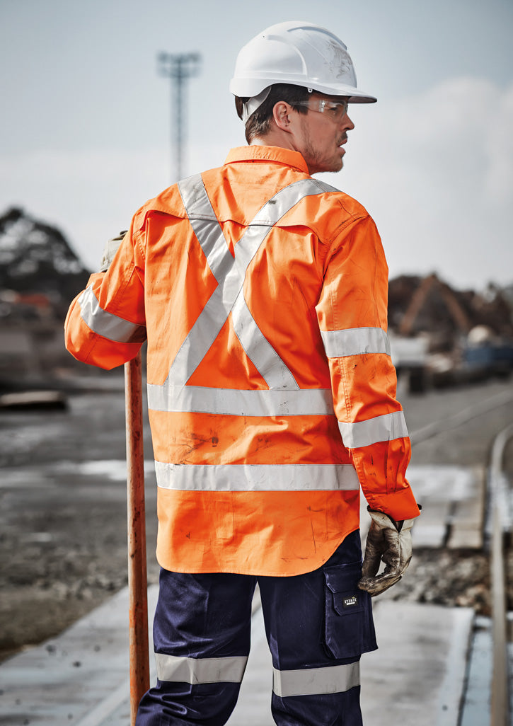 Mens Hi Vis X Back Taped Long Sleeve Shirt - Orange